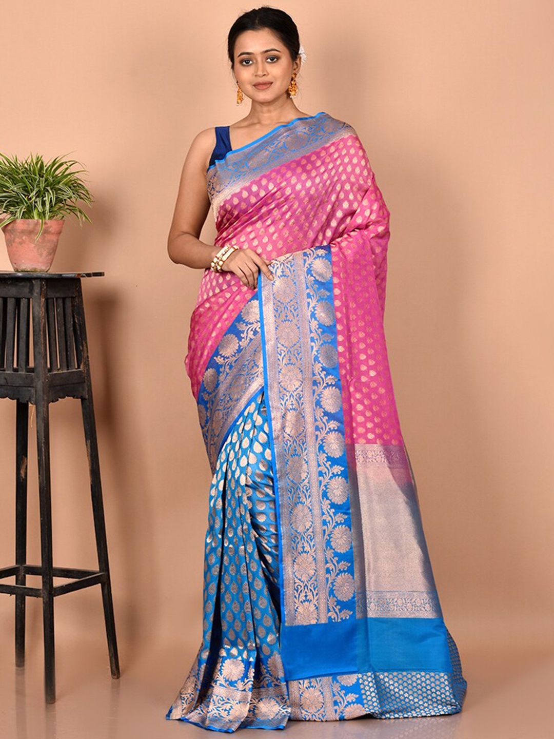 

AllSilks Pink & Blue Ethnic Motifs Zari Silk Blend Uppada Saree