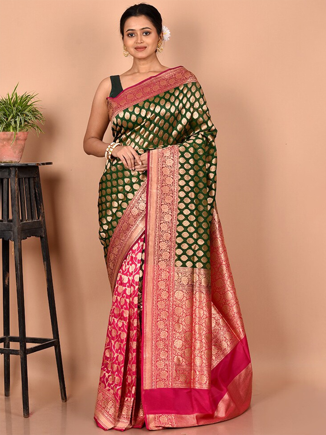 

AllSilks Green & Pink Ethnic Motifs Zari Silk Blend Uppada Saree