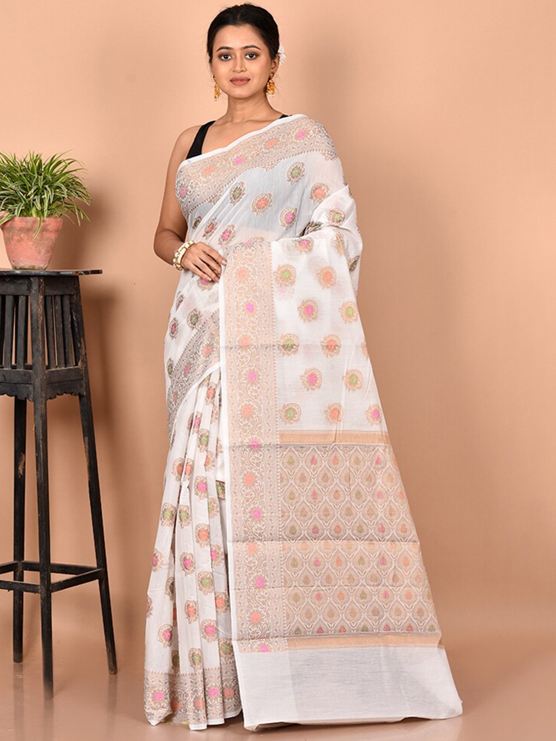 

AllSilks White & Orange Ethnic Motifs Zari Silk Blend Saree