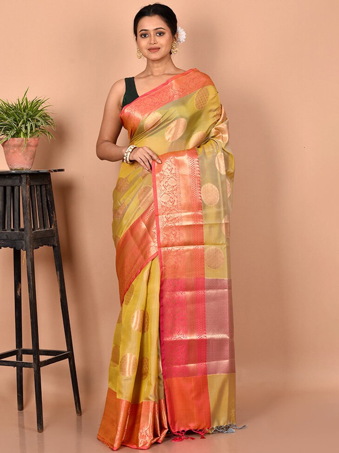 

AllSilks Green & Red Ethnic Motifs Zari Silk Blend Saree