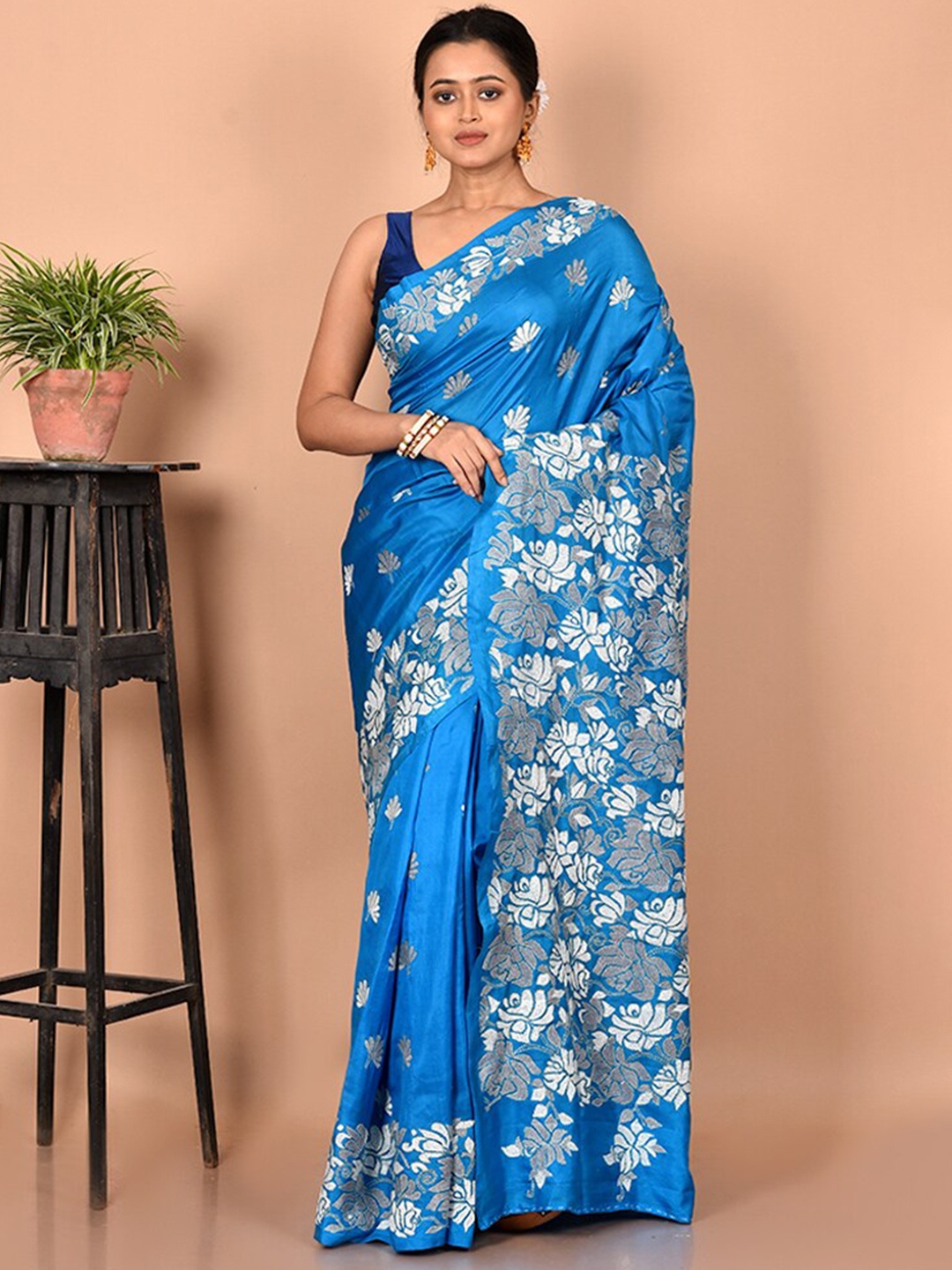 

AllSilks Blue & Grey Floral Kantha Work Pure Silk Murshidabad silk Saree