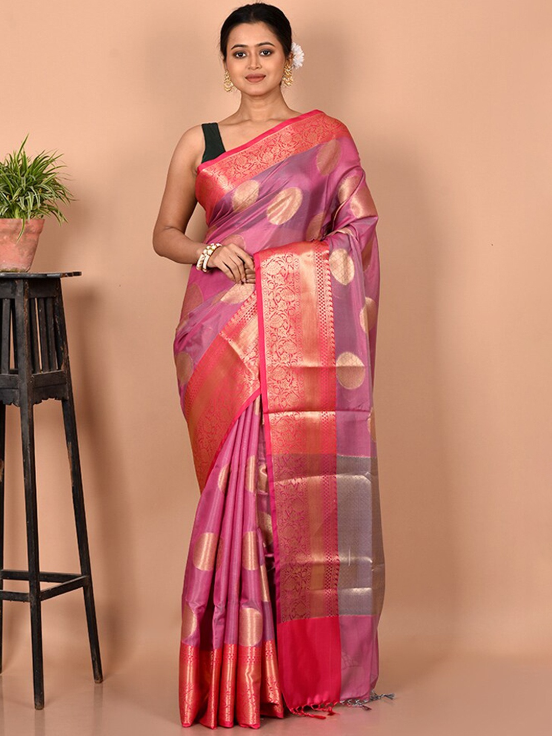 

AllSilks Pink & Grey Ethnic Motifs Zari Silk Blend Saree