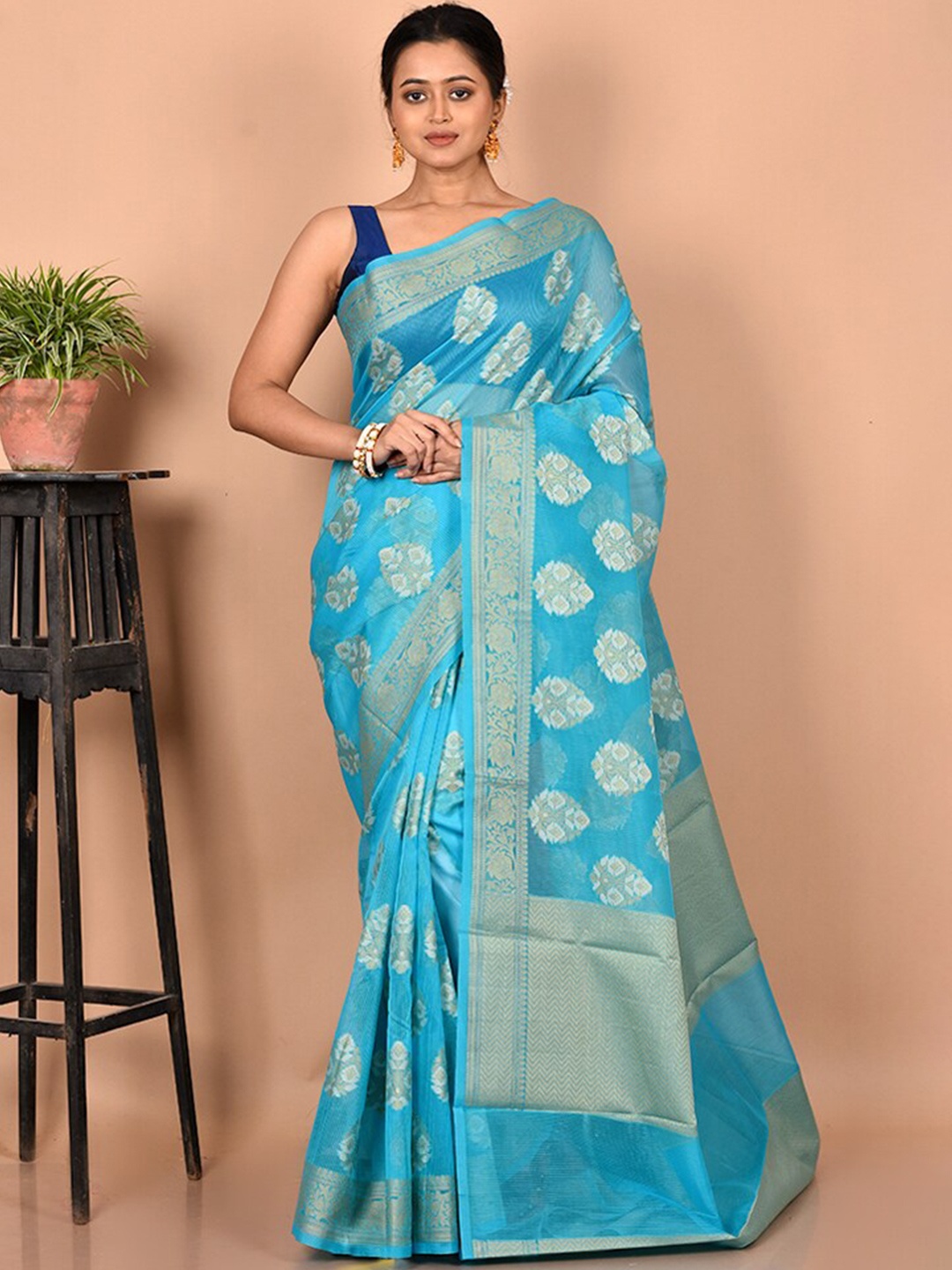 

AllSilks Blue & Gold-Toned Ethnic Motifs Zari Pure Cotton Saree