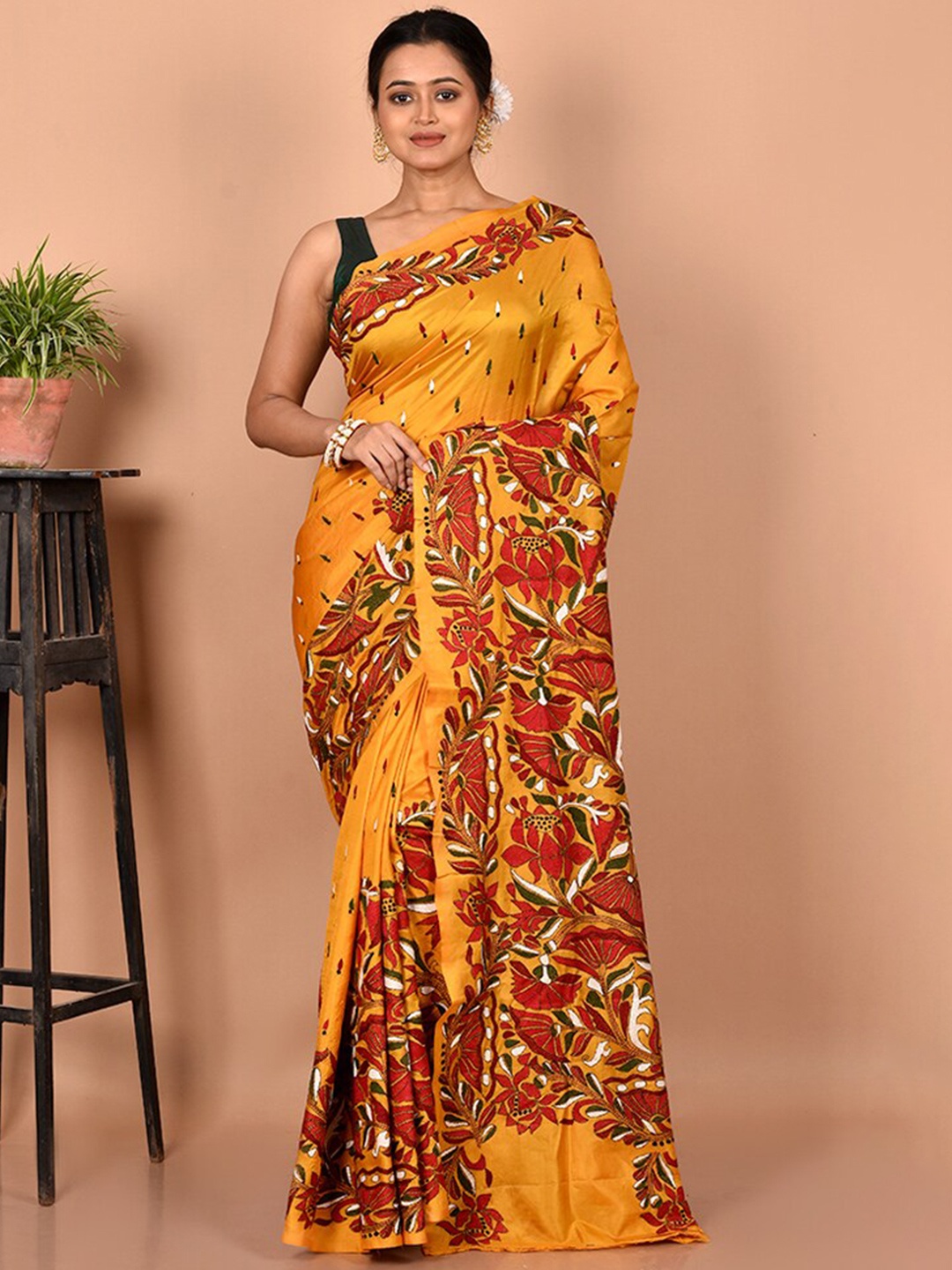 

AllSilks Yellow & Red Floral Kantha Work Pure Silk Murshidabad silk Saree