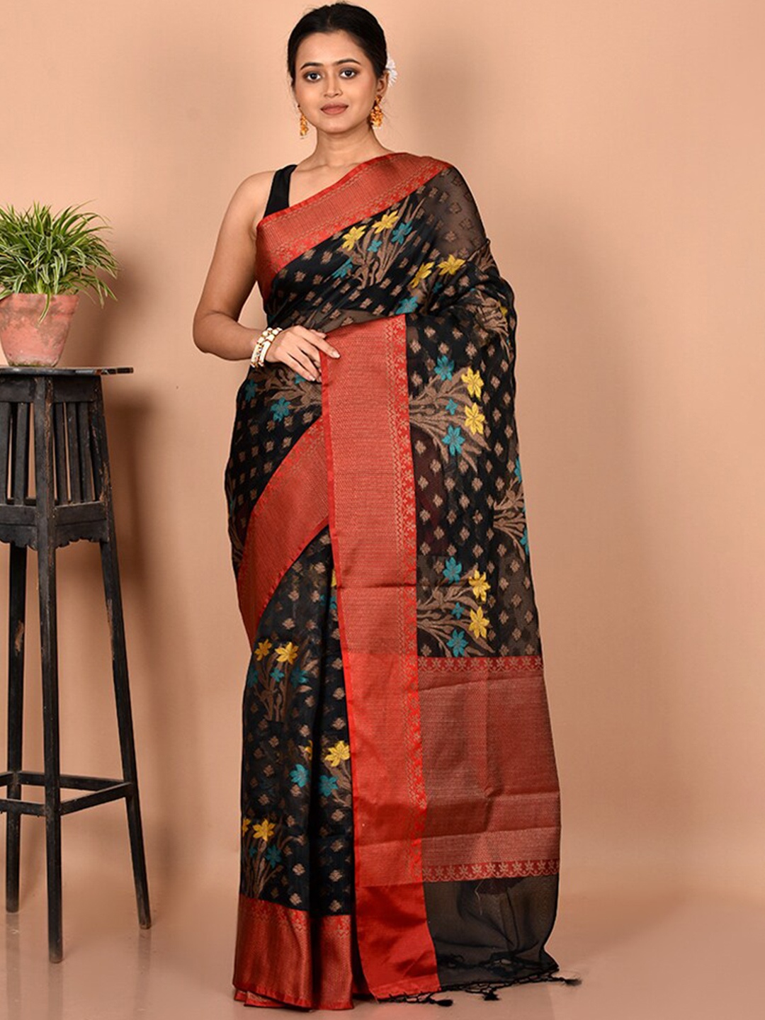 

AllSilks Black & Red Ethnic Motifs Zari Pure Cotton Saree