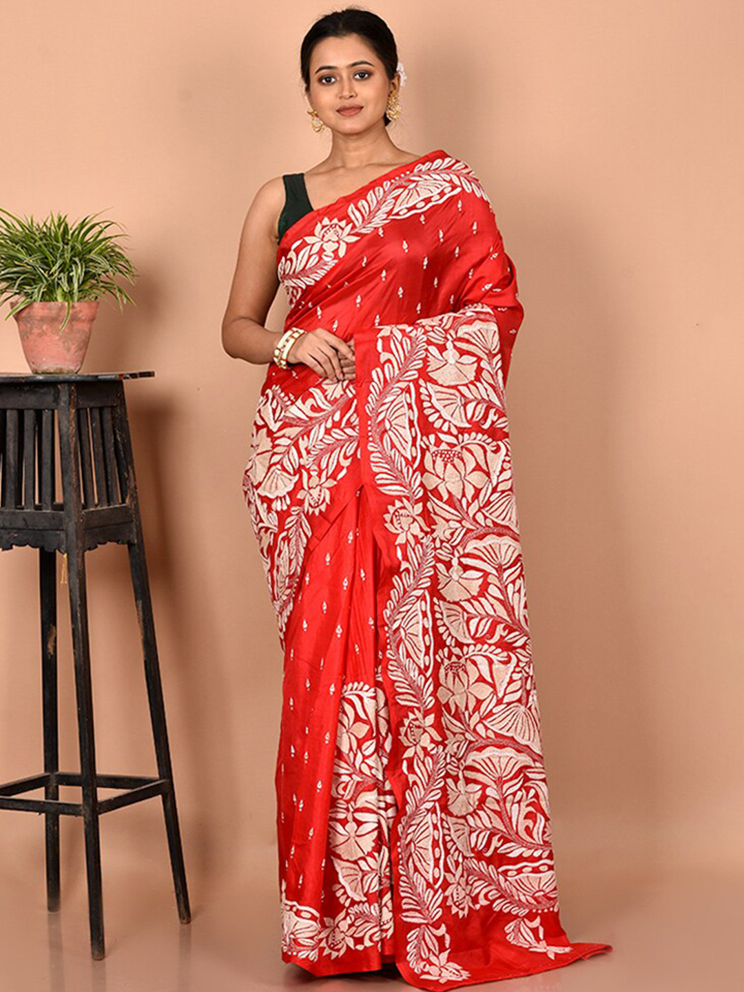 

AllSilks Red & White Floral Kantha Work Pure Silk Murshidabad silk Saree