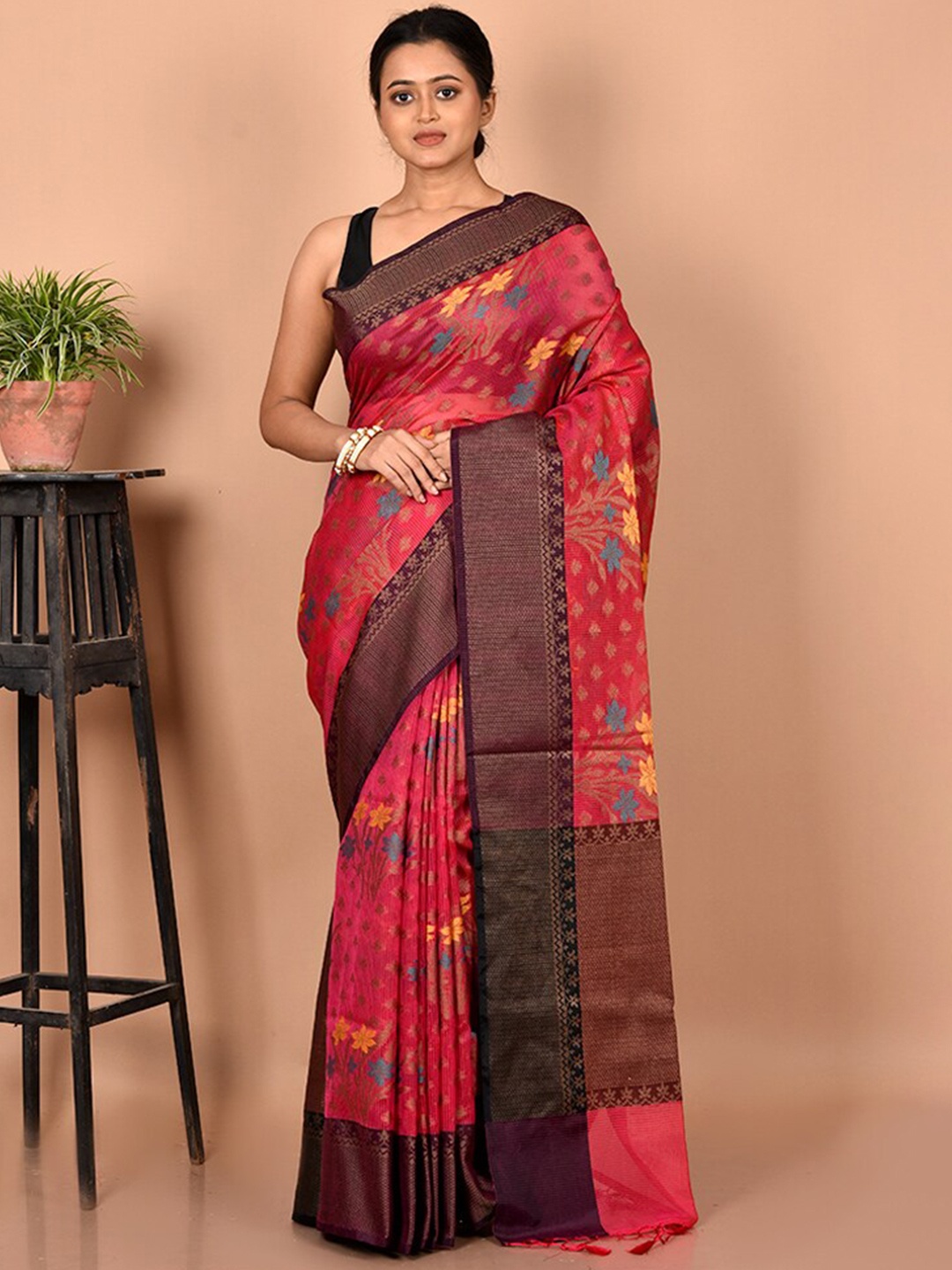 

AllSilks Pink & Purple Woven Design Zari Pure Cotton Saree