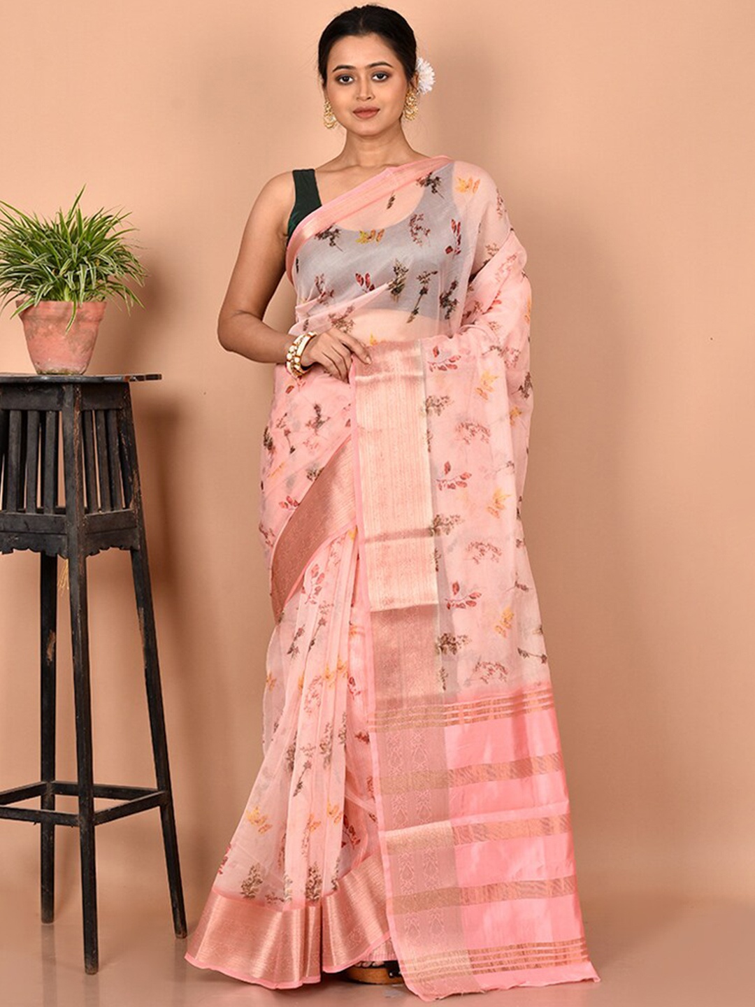 

AllSilks Pink Floral Zari Silk Blend Saree