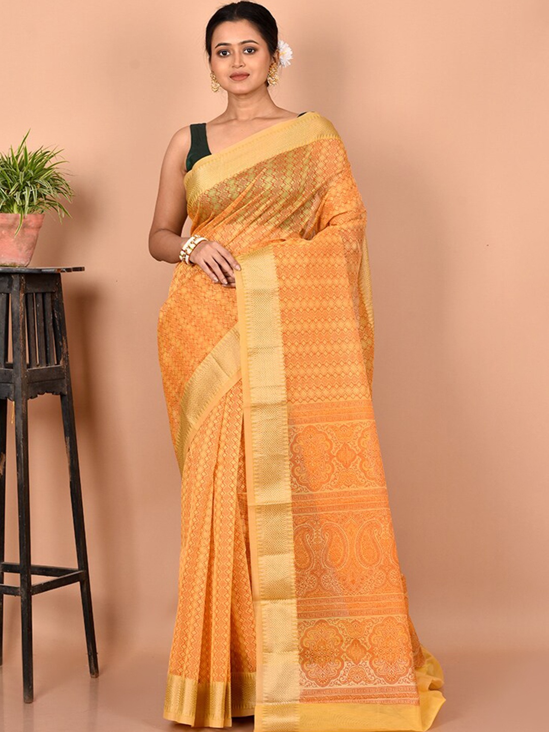 

AllSilks Yellow & Gold-Toned Zari Pure Cotton Kota Saree