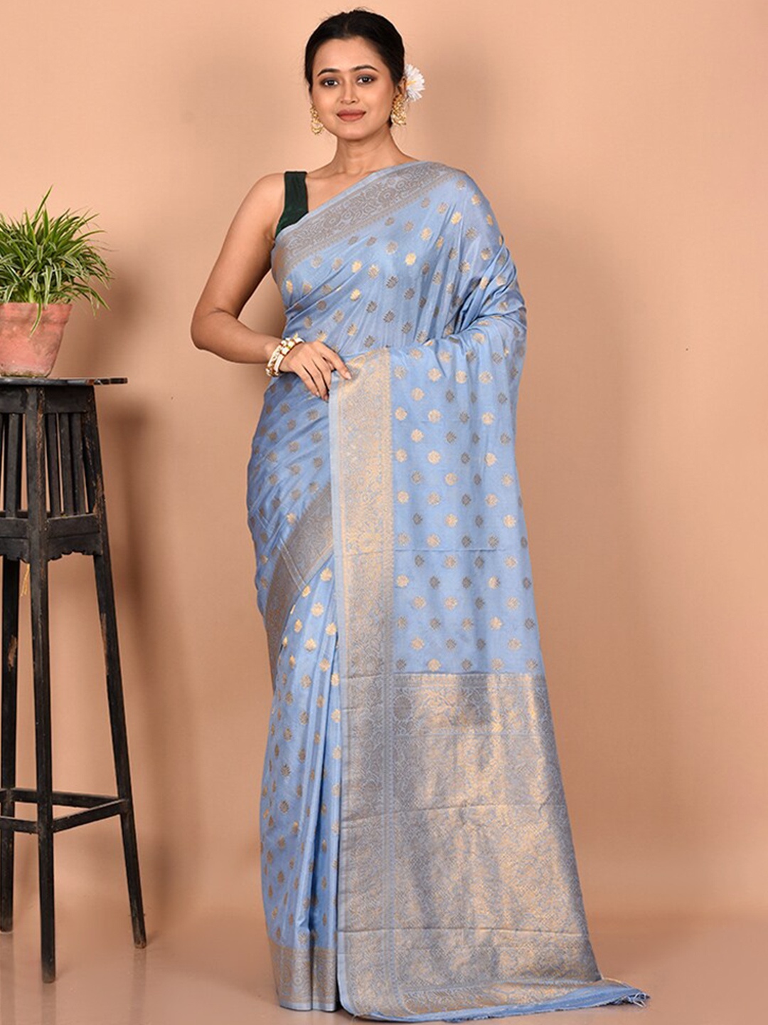 

AllSilks Purple & Gold-Toned Woven Design Zari Silk Blend Uppada Saree