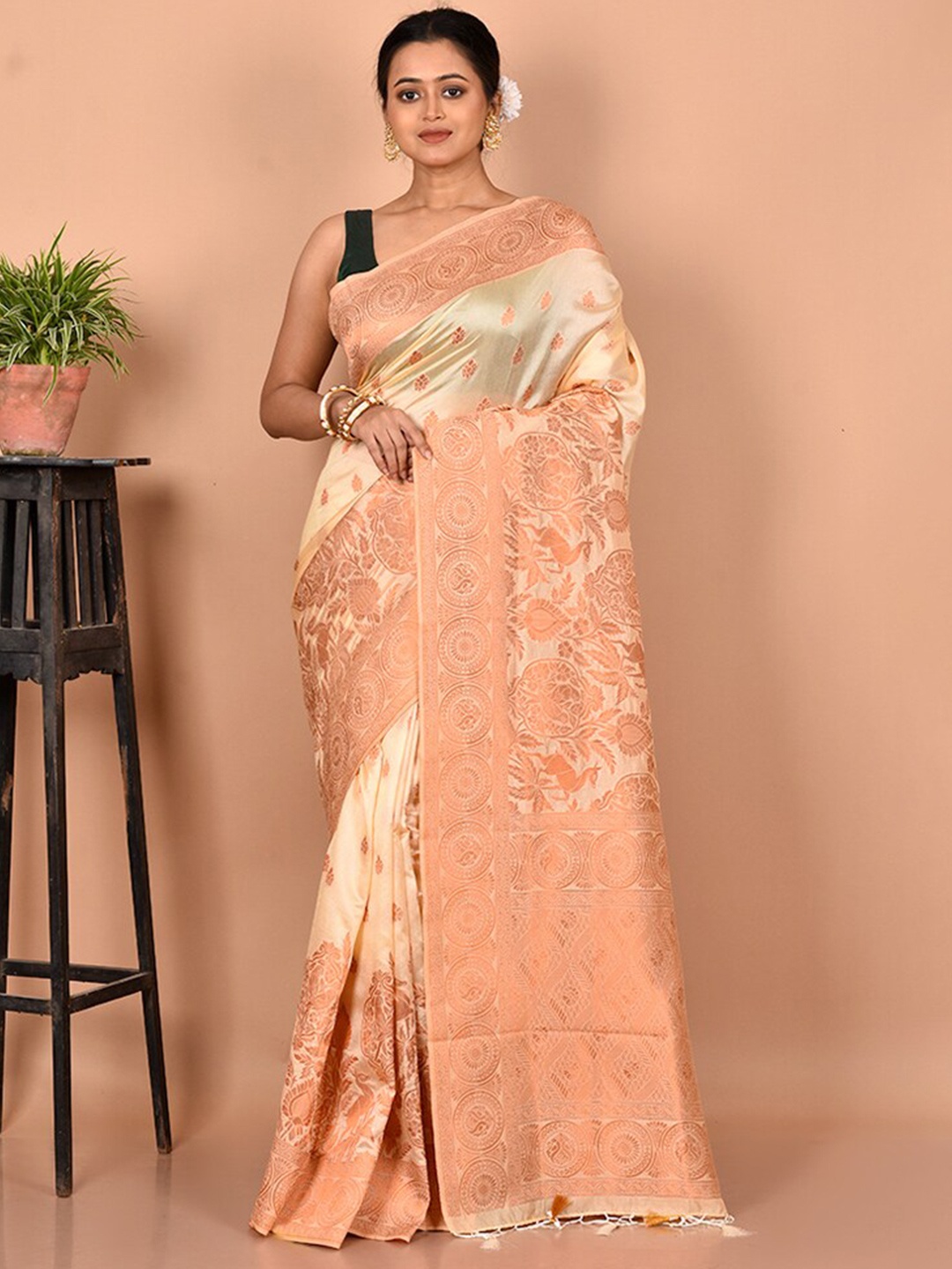 

AllSilks Cream-Coloured & Gold-Toned Woven Design Zari Silk Blend Saree