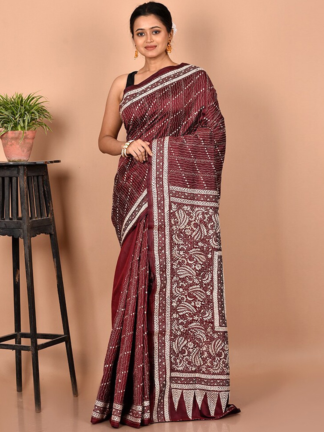 

AllSilks Maroon & White Woven Design Pure Silk Murshidabad silk Saree