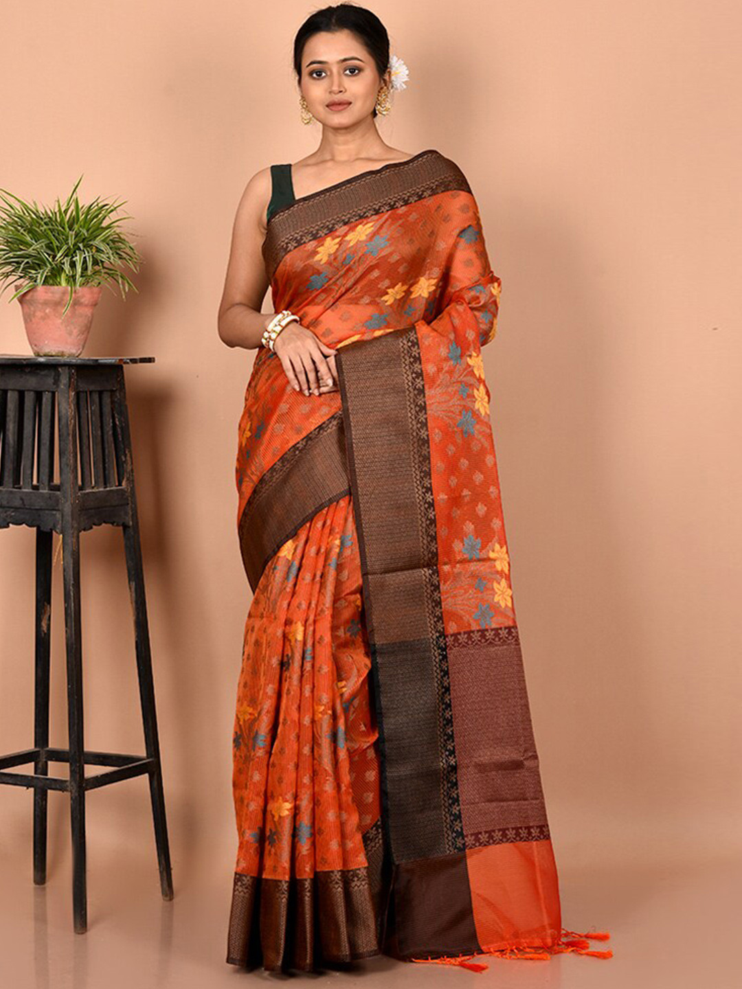 

AllSilks Orange & Coffee Brown Woven Design Zari Pure Cotton Saree