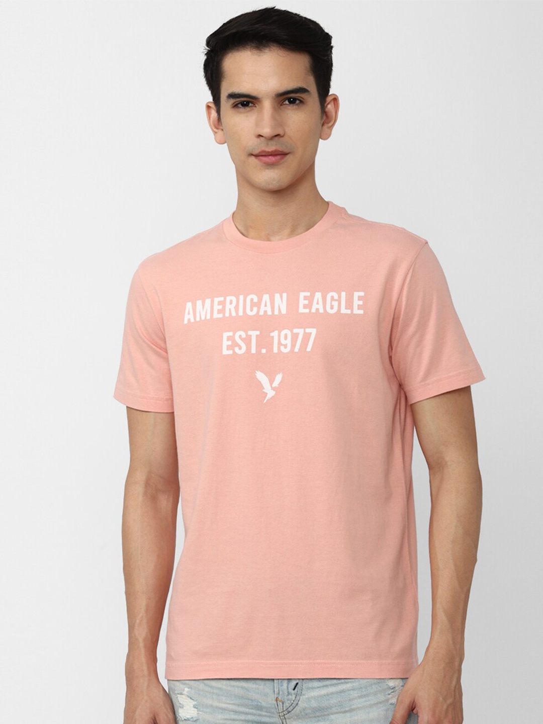 

AMERICAN EAGLE OUTFITTERS Men Peach-Coloured Typography Pure Cotton Printed T-Shirt