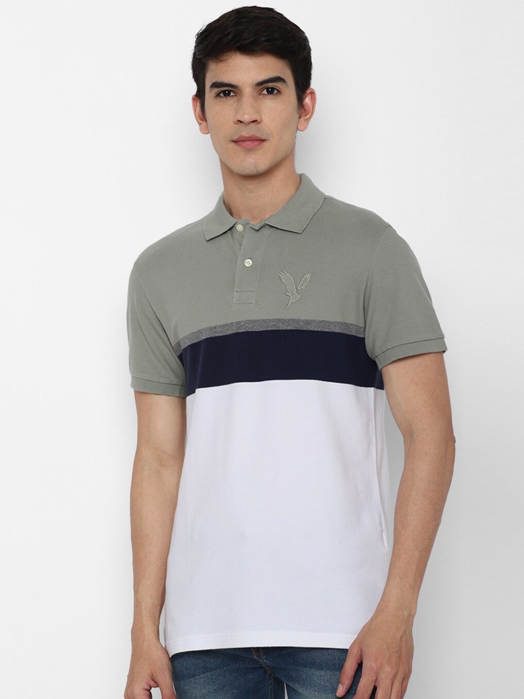 

AMERICAN EAGLE OUTFITTERS Men White & Grey Striped Polo Collar T-shirt