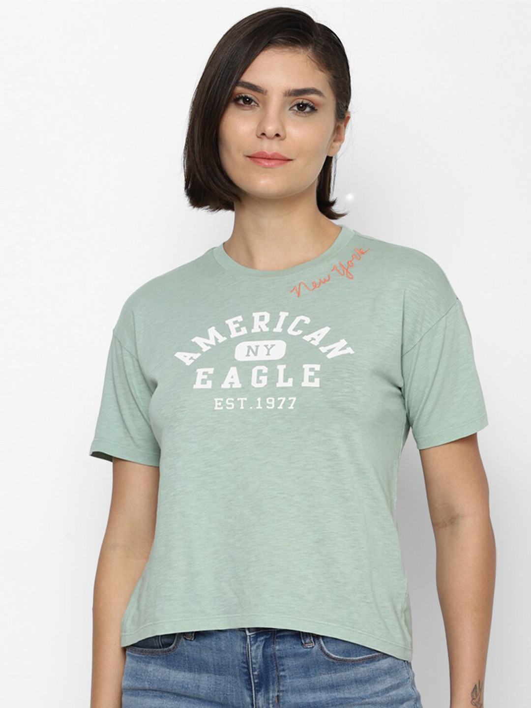 

AMERICAN EAGLE OUTFITTERS Women Green & White Typography Printed T-shirt