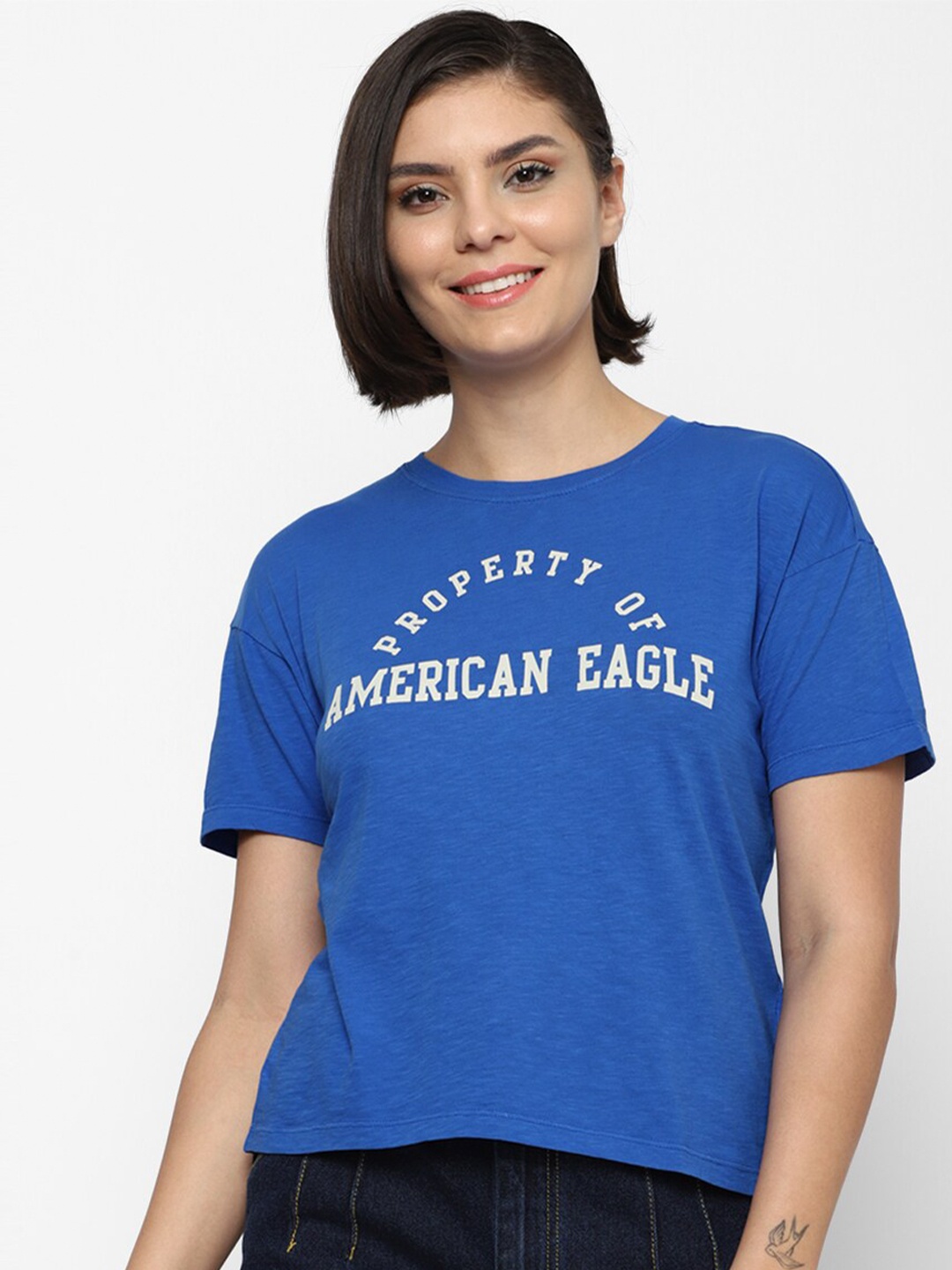 

AMERICAN EAGLE OUTFITTERS Women Blue & White Typography Printed Pure Cotton T-shirt