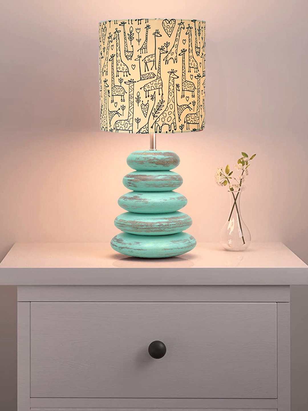 

Homesake Algae Yellow & Blue Printed Wood Table Lamp With Savannah Shade LED Bulb