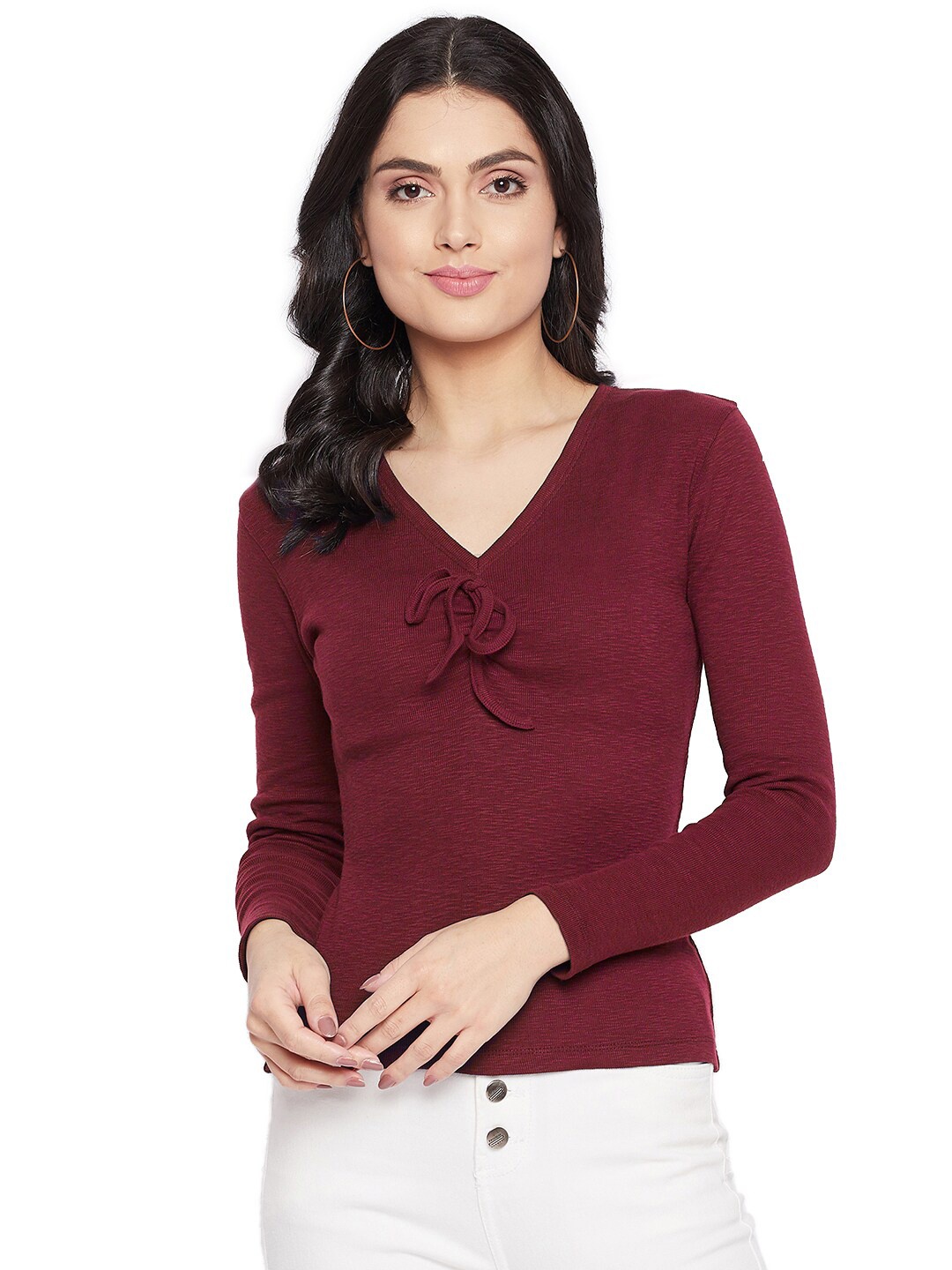 

HARBOR N BAY V-Neck Long Sleeves Fitted Top, Maroon