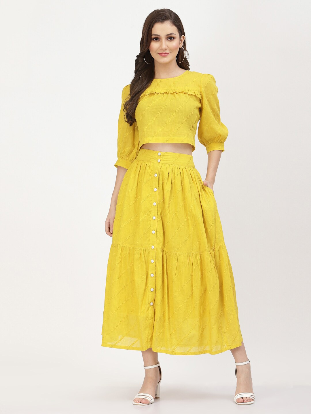 

TERQUOIS Women Yellow Self Design Pure Cotton Top with Skirt