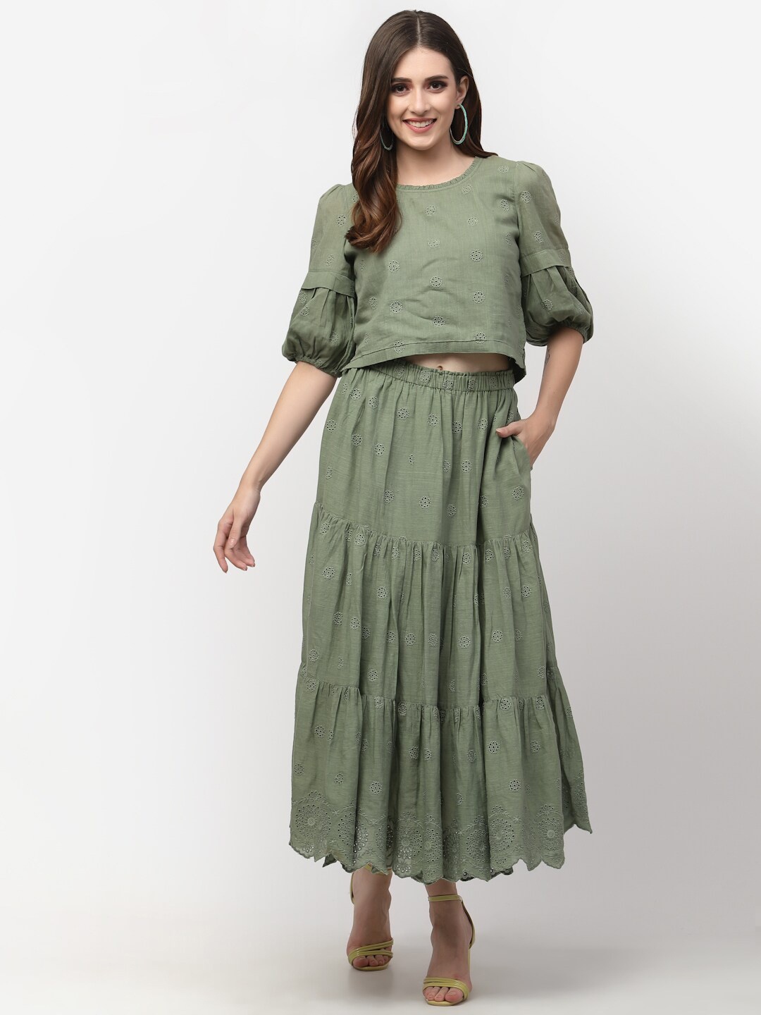 

TERQUOIS Women Green Self Design Pure Cotton Top with Skirt
