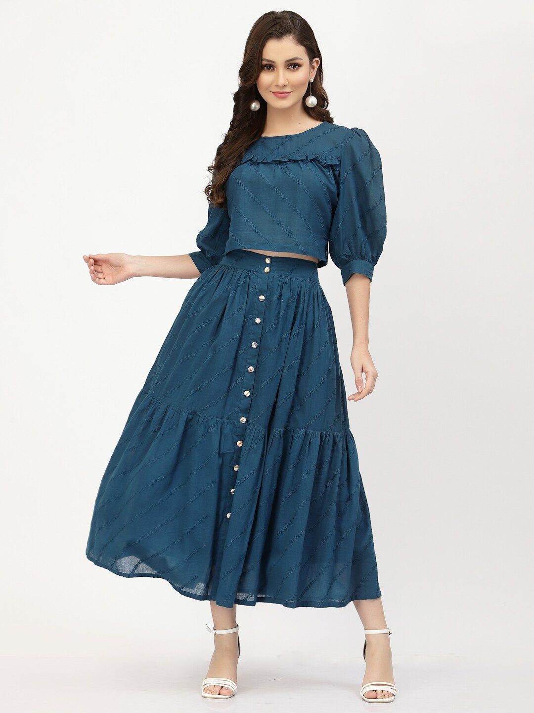 

TERQUOIS Women Blue Self Design Pure Cotton Top with Skirt