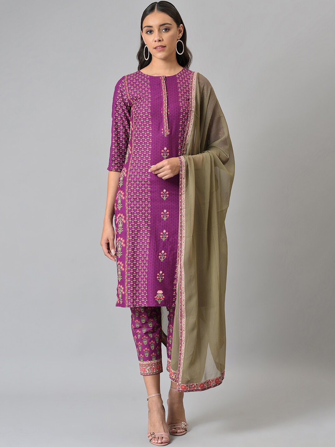 

W Festive Floral Print Rayon Kurta With Straight Pant & Dupatta, Purple