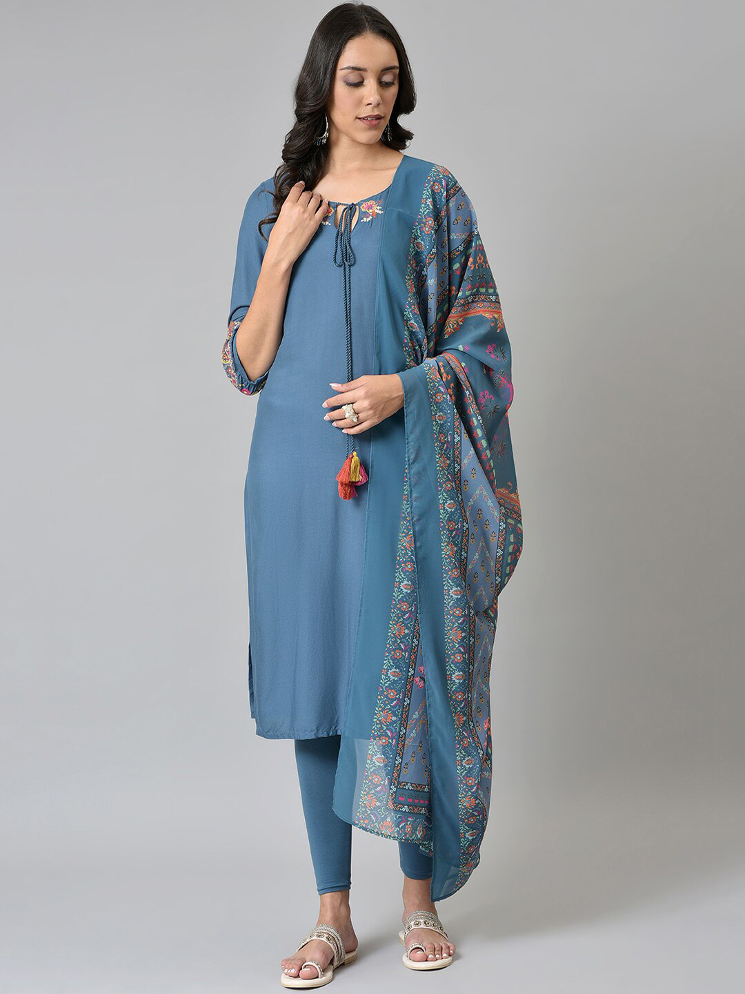 

W Women Teal Ethnic Motifs Printed Kurta With Dupatta