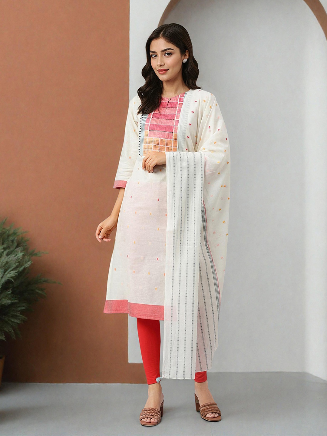 

W Geometric Print Cotton Blend Kurta With Tight & Dupatta, White