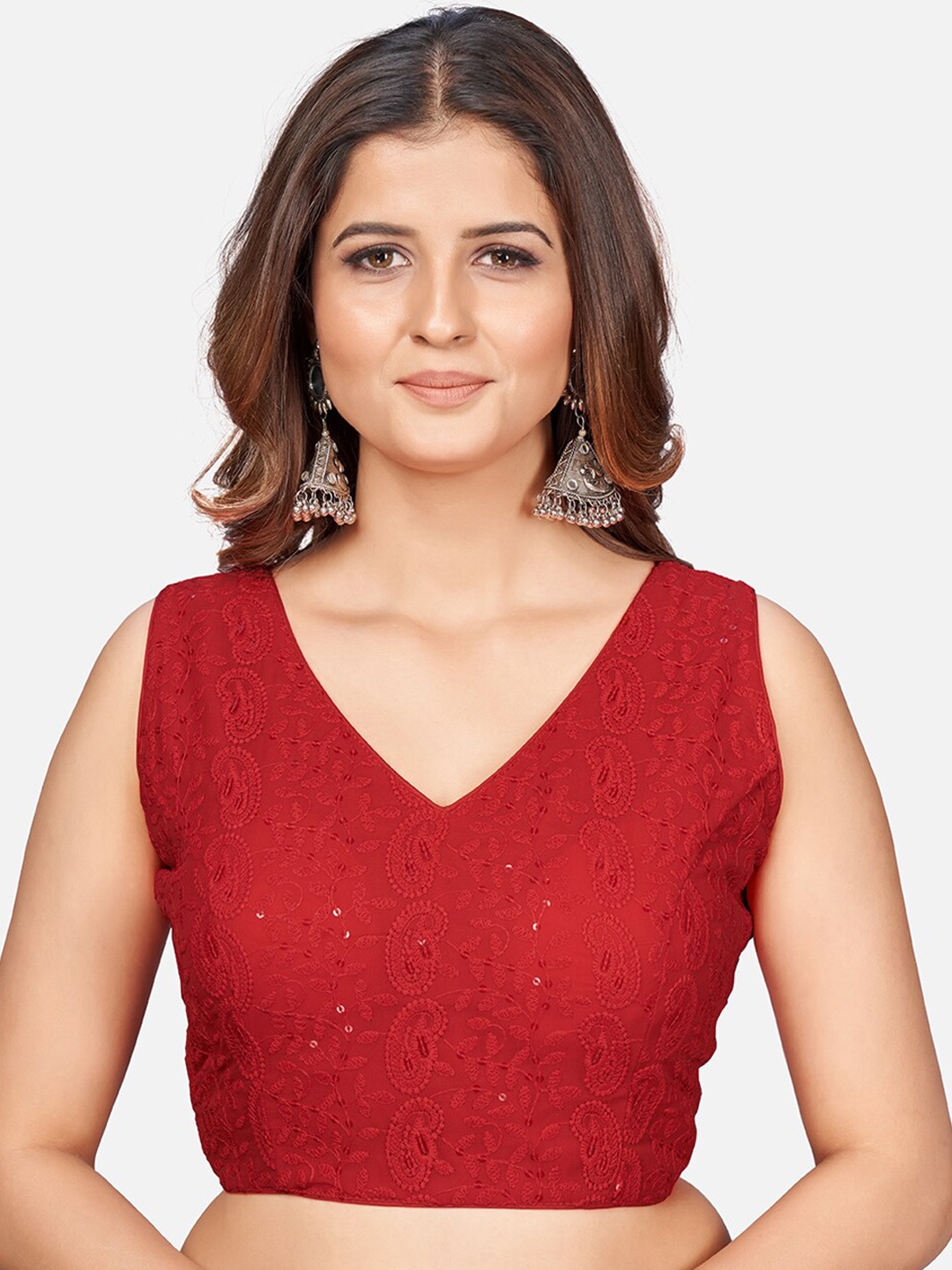 

SHOPGARB Red Embroidered Chikankari Saree Blouse