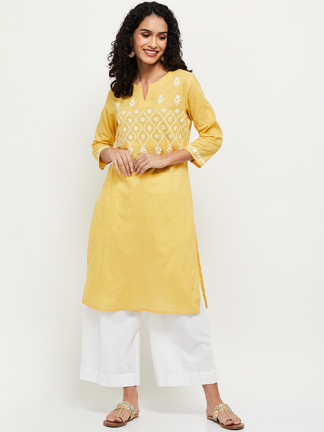 

max Floral Embroidered Thread Work Cotton Kurta, Yellow