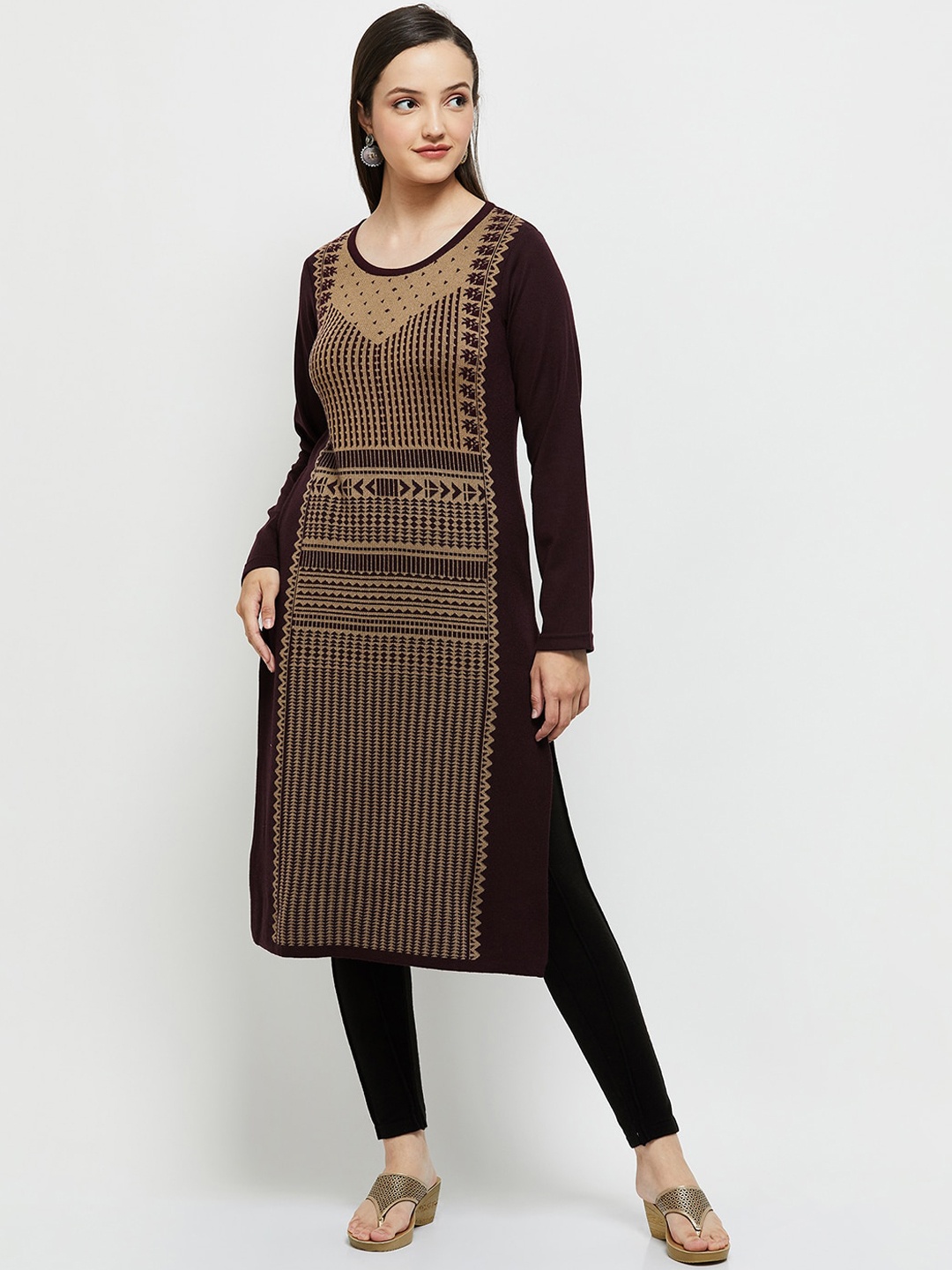 

max Ethnic Motifs Printed Side slits Kurta, Brown