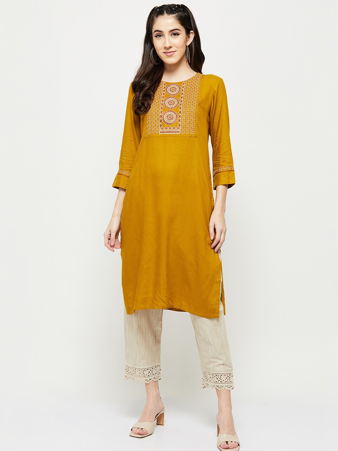 

max Ethnic Motifs Yoke Design Thread Work Kurta, Mustard