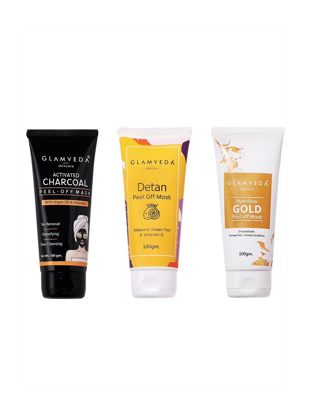 

GLAMVEDA Activated Charcoal & Pure Glow Gold & De tan Cooling Peel Off Mask 100gm Each
