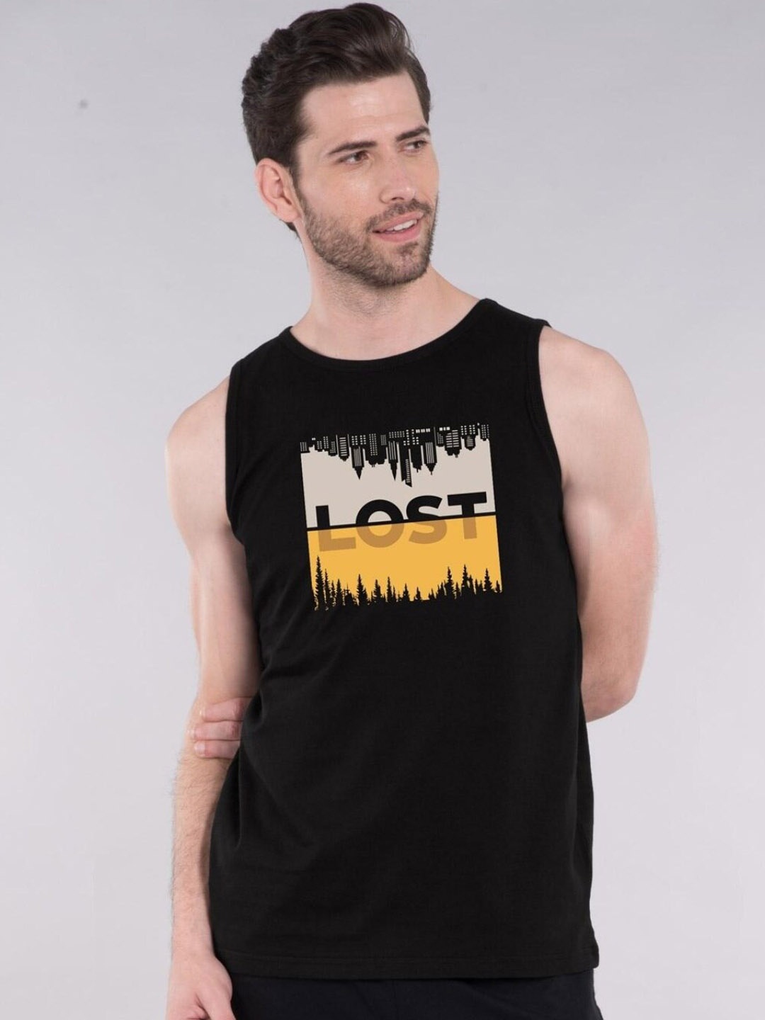 

Bewakoof Men Lost In Time Graphic Printed Cotton Innerwear Vest, Black