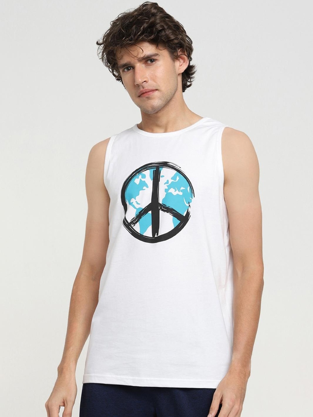 

Bewakoof Men World Peace Graphic Printed Basic Innerwear Vest, White