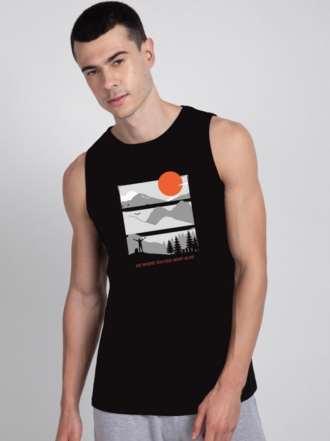 

Bewakoof Men Feel Most Alive Graphic Printed Cotton Innerwear Vest, Black