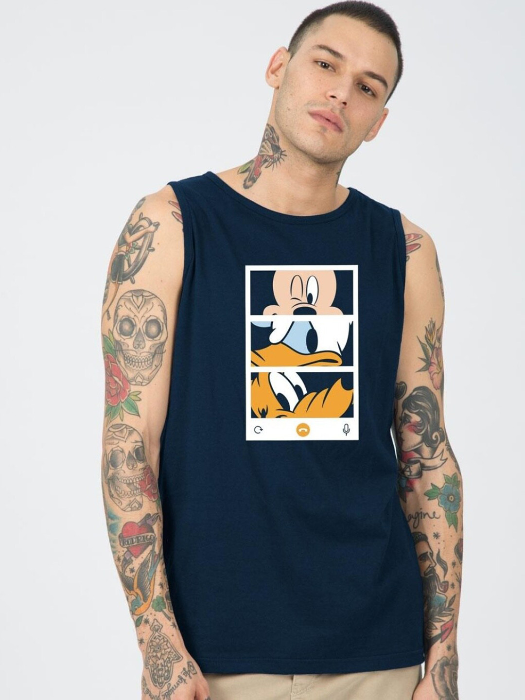 

Bewakoof Men Mickey Trio Call Graphic Printed Cotton Innerwear Vest, Blue