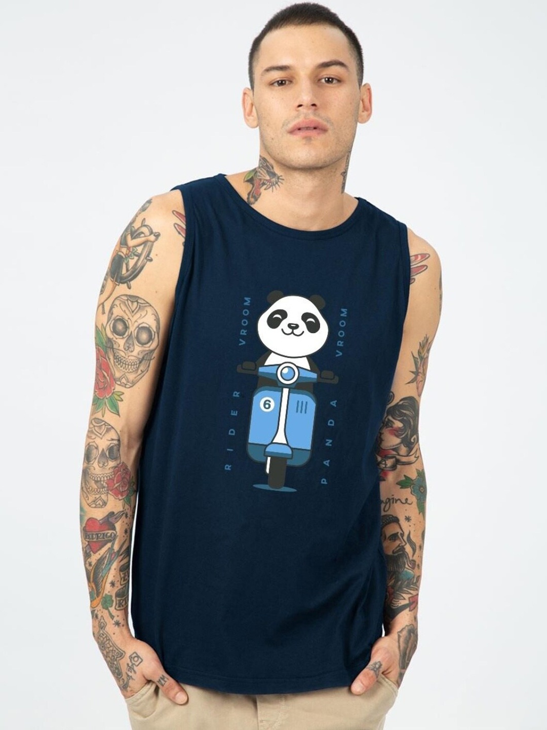 

Bewakoof Men Vroom Panda Graphic Printed Cotton Vest, Blue