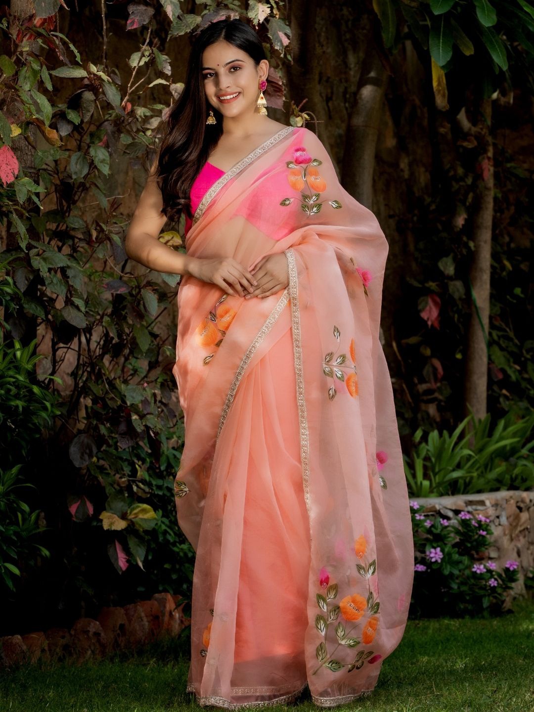 

HOUSE OF JAMOTI Peach-Coloured & Orange Floral Organza Saree