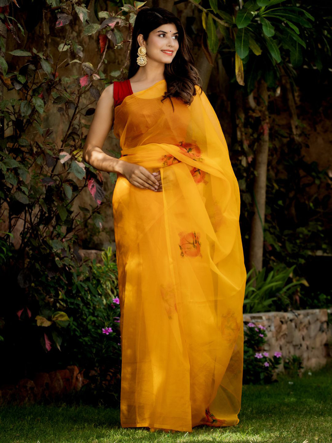 

HOUSE OF JAMOTI Orange & Red Floral Organza Saree