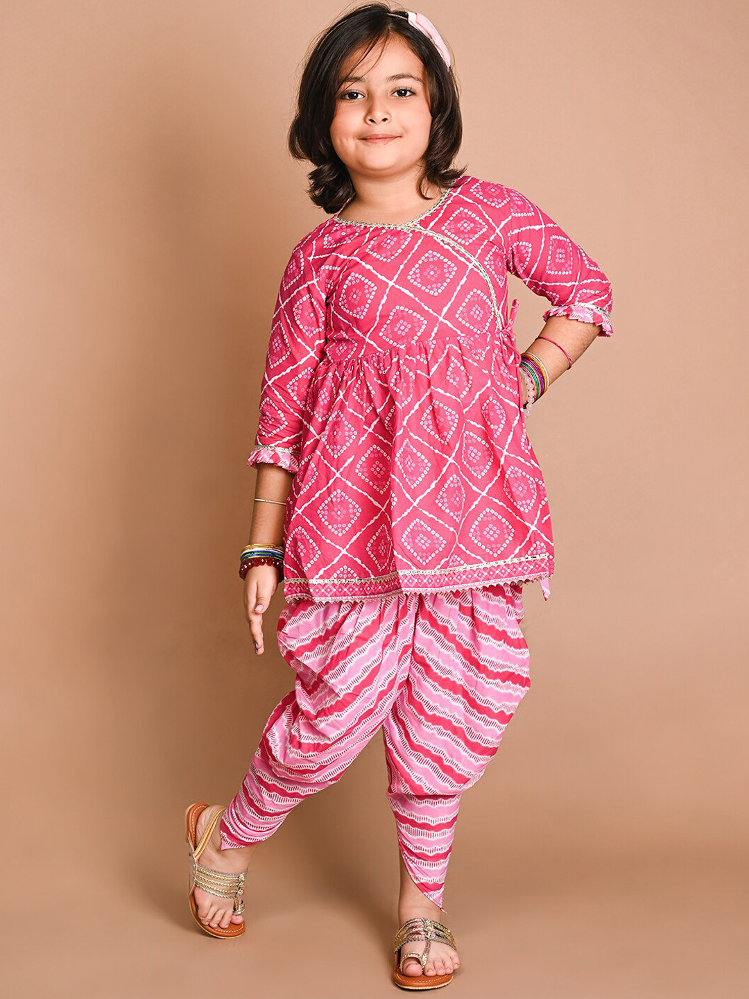 

LIL PITAARA Ethnic Motifs Printed Pure Cotton Kurti with Dhoti Pants, Pink