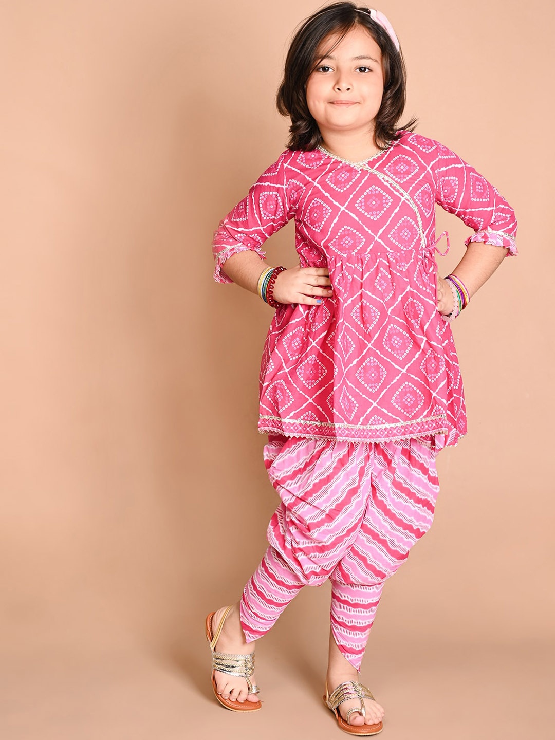 

LIL PITAARA Ethnic Motifs Printed Pure Cotton Kurti with Dhoti Pants, Pink