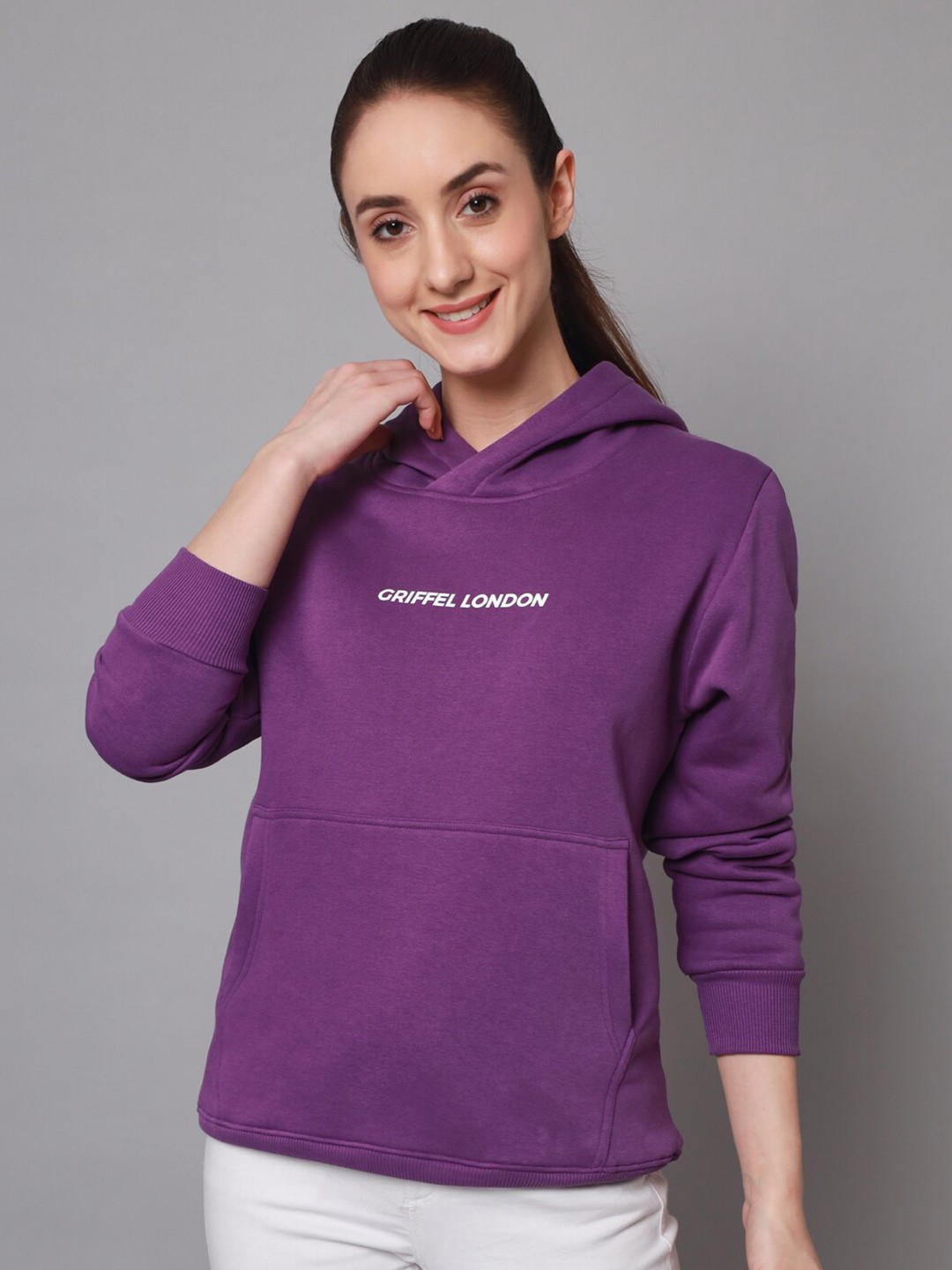 

GRIFFEL Women Printed Hooded Sweatshirt, Purple