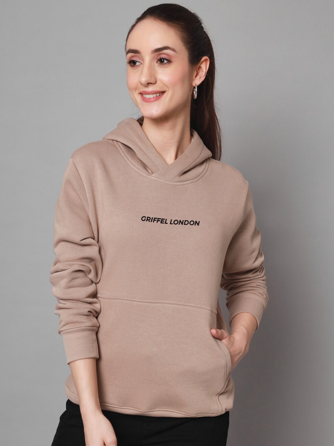 

GRIFFEL Women Printed Hooded Sweatshirt, Camel brown