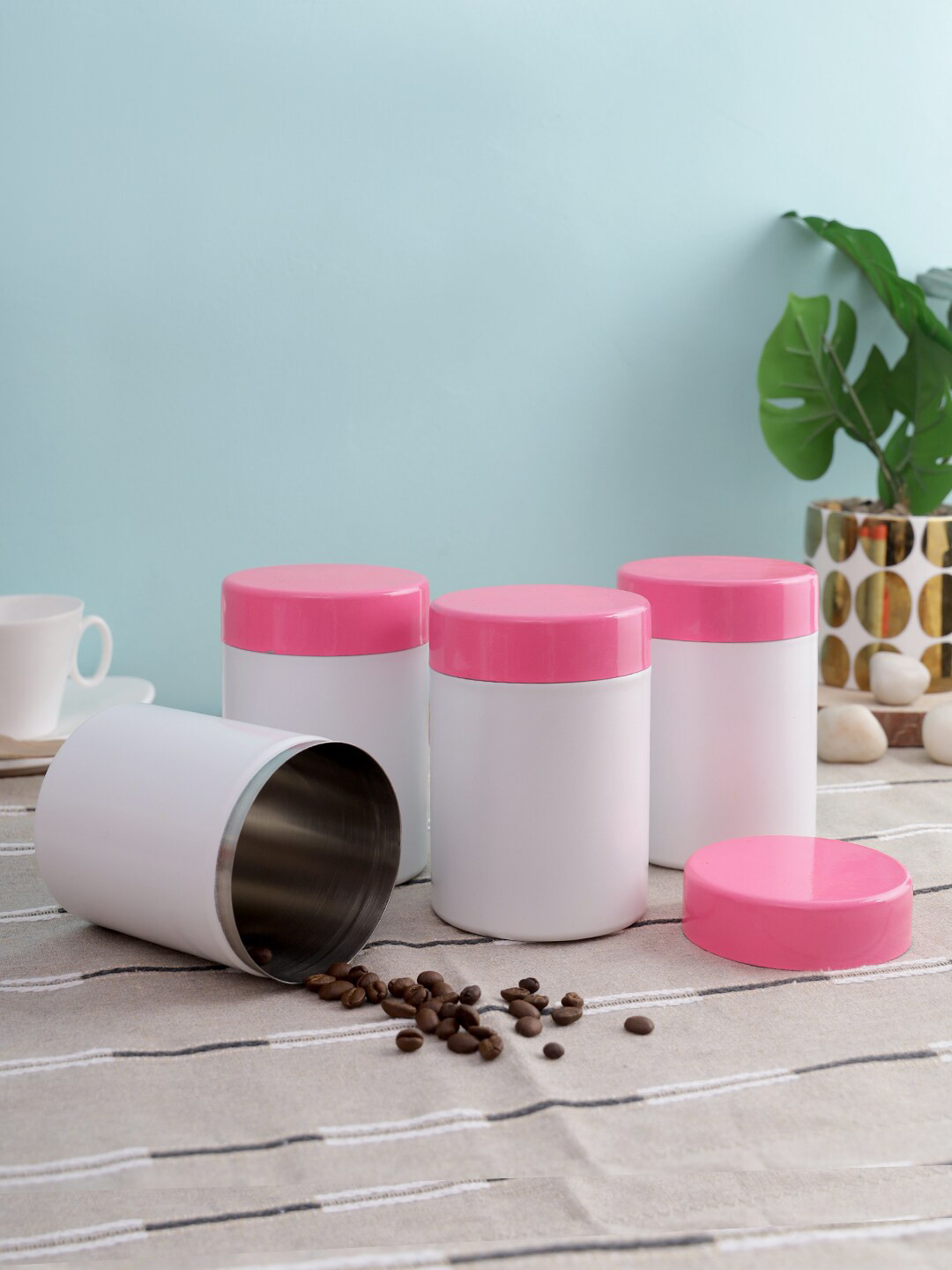 

Abode Set Of 4 Pink & Grey Stainless Steel Storage Containers