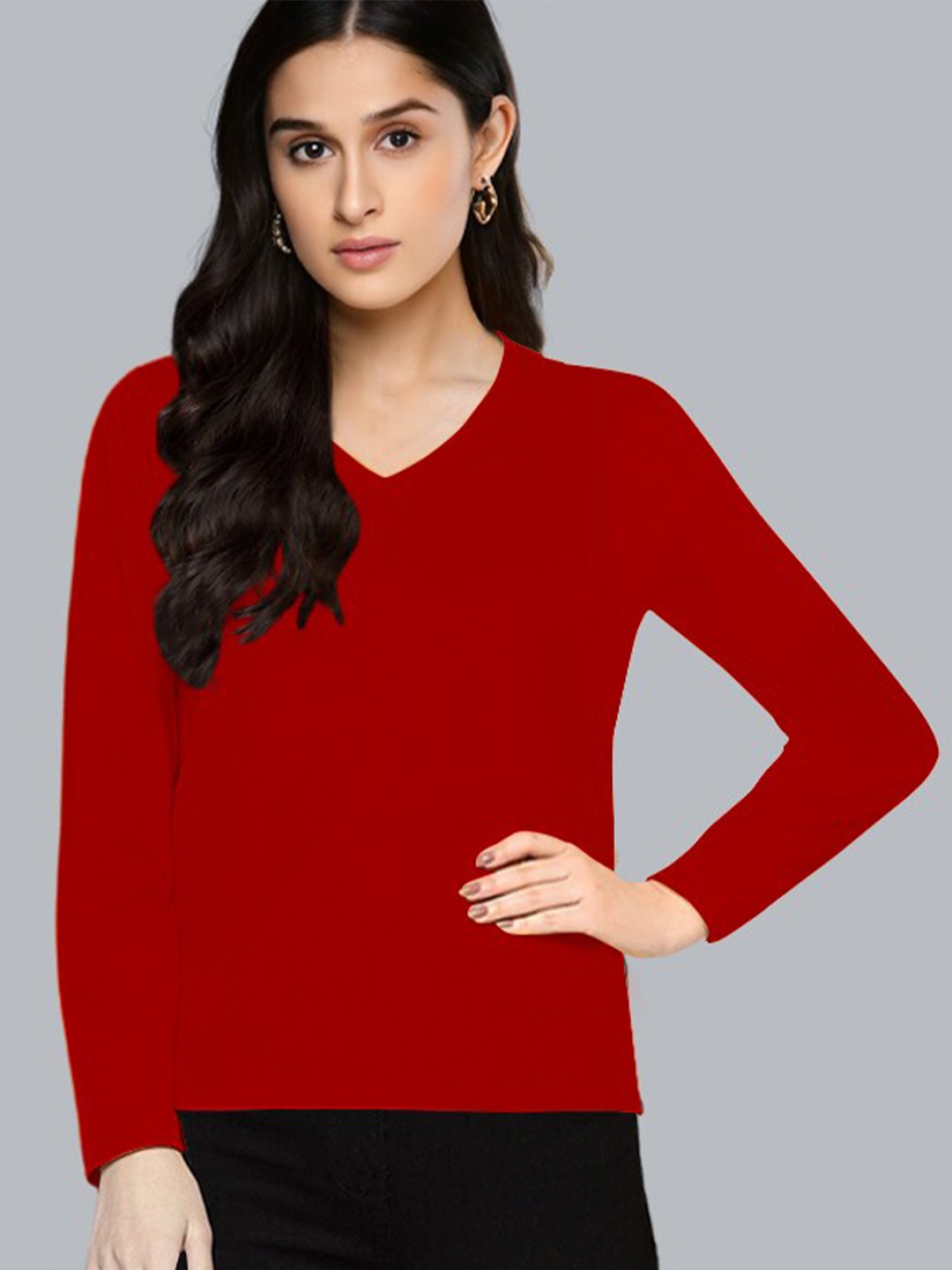 

Pootlu Women V-Neck T-shirt, Red