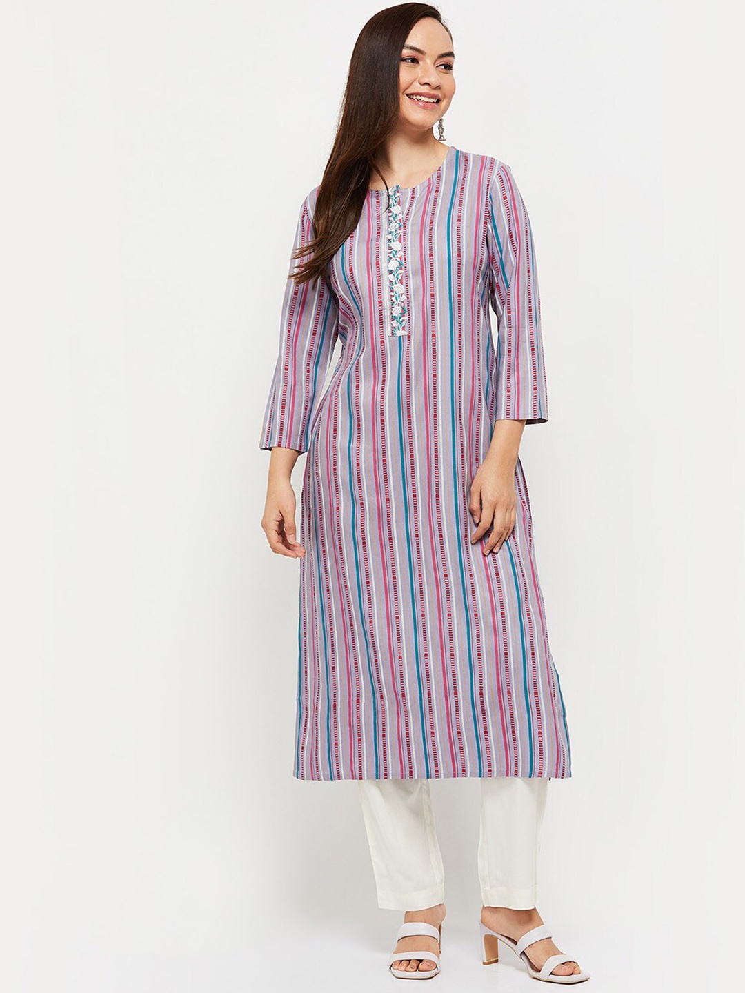 

max Women Purple Striped Kurta with Trousers