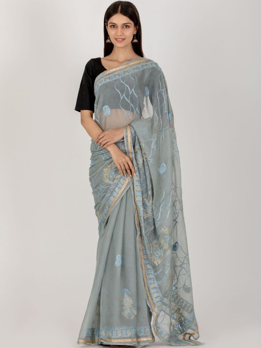 

HOUSE OF JAMOTI Ethnic Motifs Festive Saree, Grey