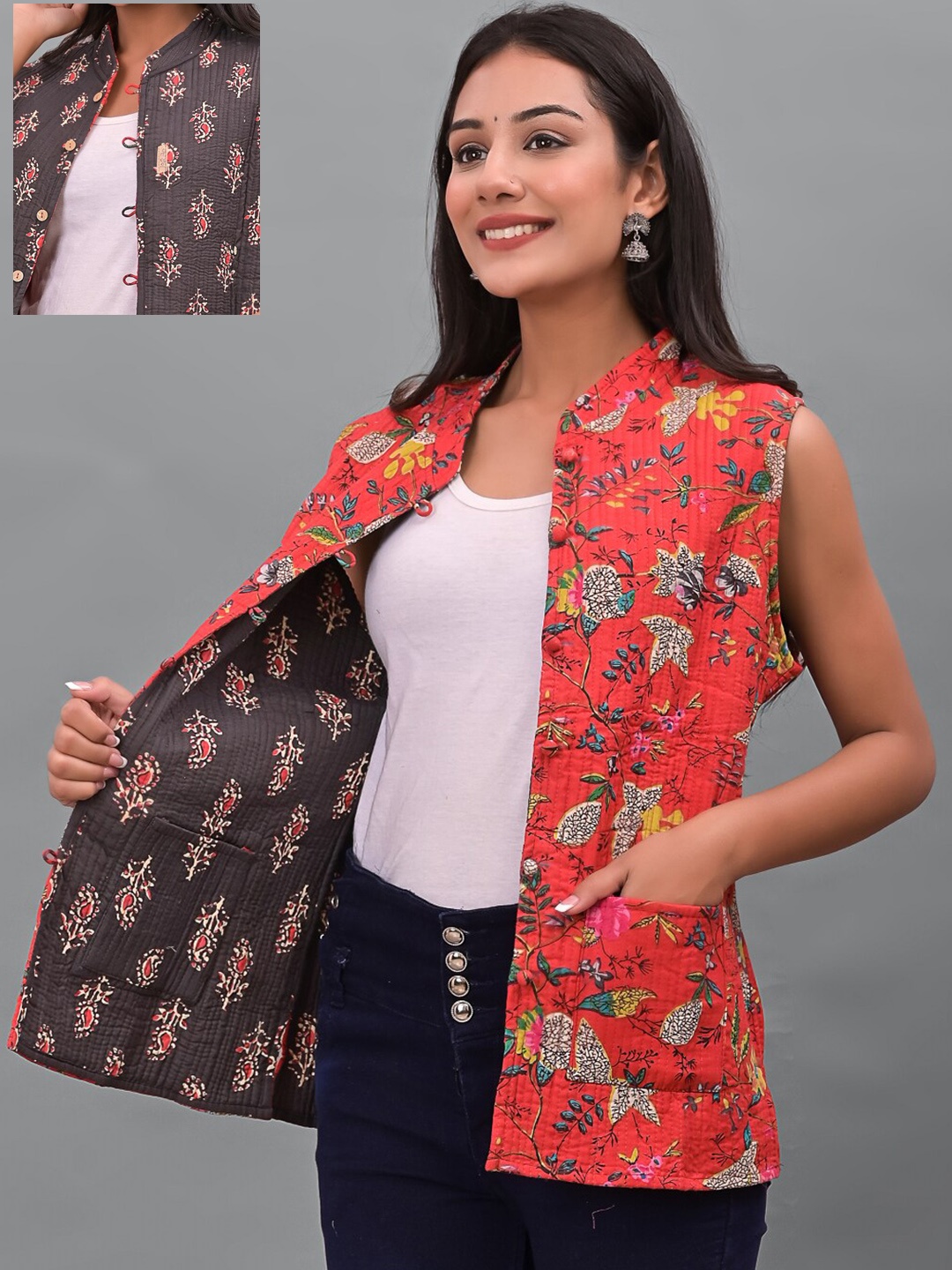 

Apratim Women Floral Reversible Longline Tailored Jacket, Red